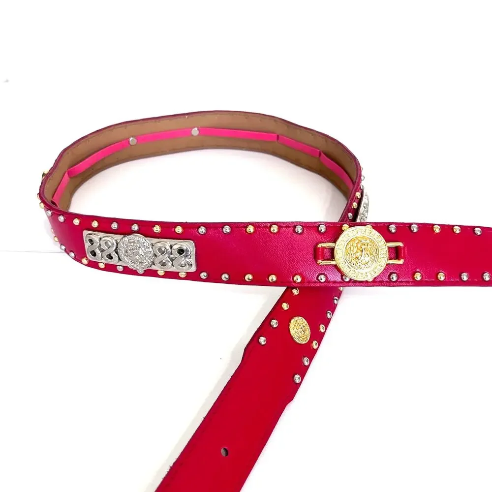 Vintage Womens Western Studded Lion‎ Belt 42 Red Faux Leather Concert Festival